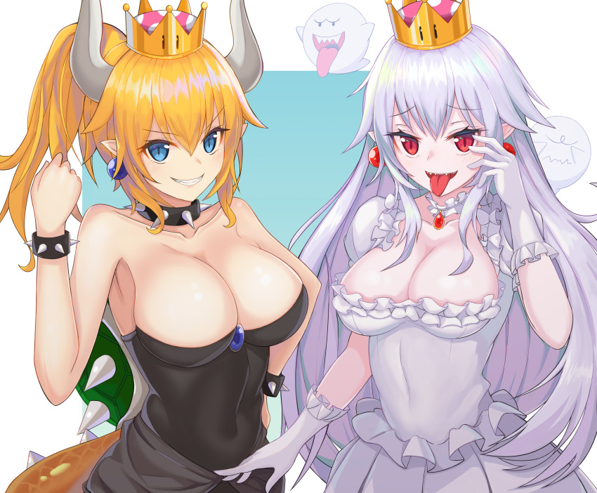 2girls absurdres bare_shoulders blue_earrings blue_eyes boo bowsette bracelet breasts choker cleavage clenched_teeth collar collarbone commentary_request covered_navel crown dress earrings eyebrows_visible_through_hair frilled_choker frills gloves hair_between_eyes highres horns jewelry large_breasts looking_at_viewer super_mario_bros. multiple_girls new_super_mario_bros._u_deluxe nintendo pipipipyu princess_king_boo puffy_short_sleeves puffy_sleeves red_earrings red_eyes short_sleeves slit_pupils smile spiked_bracelet spiked_collar spikes super_crown tail teeth tongue tongue_out white_choker white_dress white_gloves