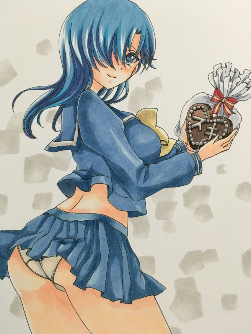 1girl absurdres blue_eyes blue_hair blue_skirt blush bow breasts chocolate chocolate_heart hair_over_one_eye heart highres himoo_yuina kae_(bluebluebluebelly) kirameki_high_school_uniform large_breasts long_hair long_sleeves looking_at_viewer looking_back panties pantyshot pantyshot_(standing) school_uniform serafuku simple_background skirt smile solo standing tokimeki_memorial tokimeki_memorial_1 underwear yellow_bow