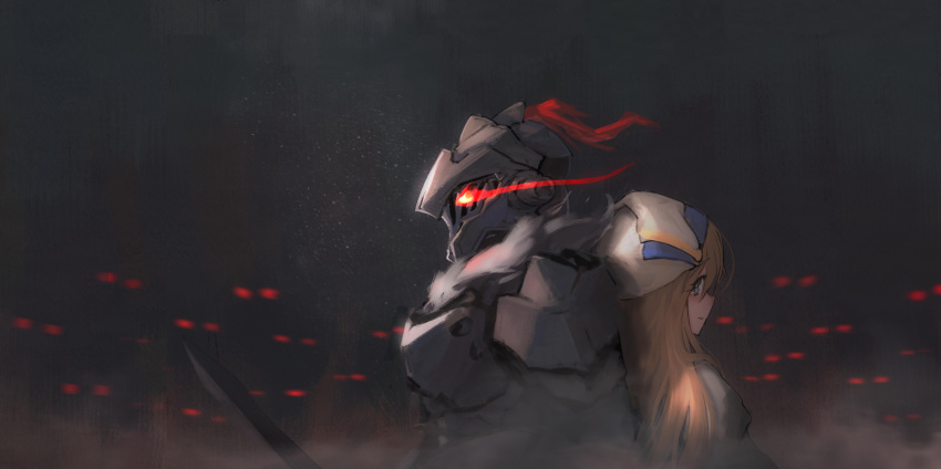 1girl 6+boys absurdres aegisfate armor back-to-back blonde_hair blue_eyes glowing glowing_eyes goblin goblin_slayer goblin_slayer! hat helmet highres knight multiple_boys priestess priestess_(goblin_slayer!) red_eyes smile sword weapon