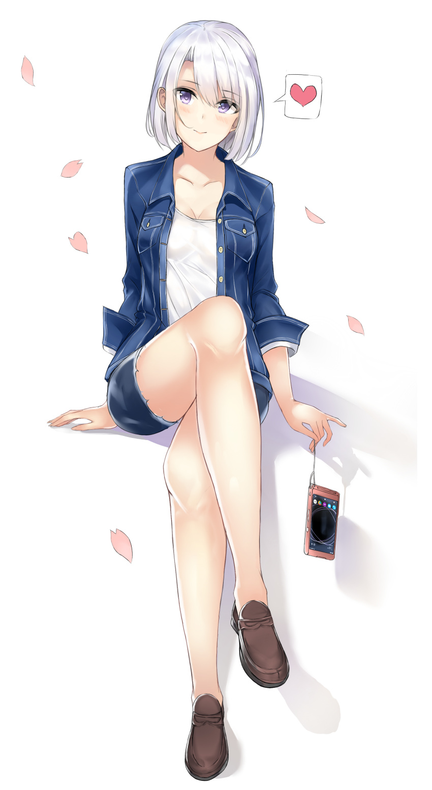 1girl absurdres black_shorts blue_eyes blue_jacket blush breasts brown_footwear cellphone cleavage full_body heart highres invisible_chair jacket legs_crossed looking_at_viewer medium_breasts no_socks original petals phone pocket shadow shirt shoes short_hair short_shorts shorts sitting sleeves_rolled_up smartphone smile solo spoken_heart tamatabe white_hair white_shirt