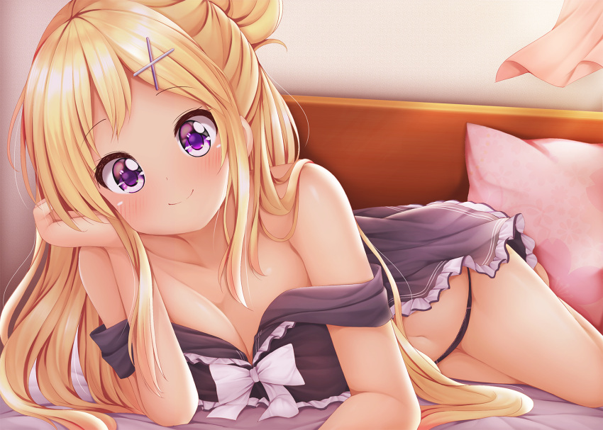 1girl arm_support babydoll bare_shoulders bed black_babydoll black_panties blonde_hair blush breasts closed_mouth collarbone commentary_request curtains hair_bun hair_ornament hairclip head_tilt indoors kin-iro_mosaic kujou_karen long_hair lying medium_breasts minato_(ojitan_gozaru) navel on_bed on_side panties pillow revision side_bun smile solo strap_slip underwear violet_eyes x_hair_ornament