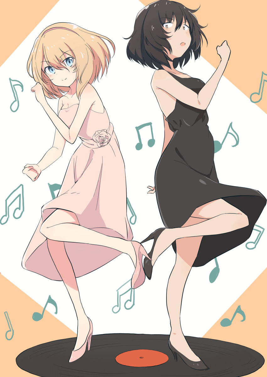 absurdres andou_(girls_und_panzer) bangs beamed_eighth_notes black_dress black_footwear black_hair blonde_hair blue_eyes breasts brown_eyes cbgb cleavage clenched_hands closed_mouth commentary dancing dark_skin dress eighth_note eyebrows_visible_through_hair flower formal frown girls_und_panzer high_heels highres leg_up looking_at_viewer medium_breasts medium_hair messy_hair musical_note open_mouth oshida_(girls_und_panzer) pink_dress pink_flower pink_footwear pink_rose quarter_note record rose sleeveless sleeveless_dress smile standing standing_on_one_leg strapless strapless_dress v-shaped_eyebrows
