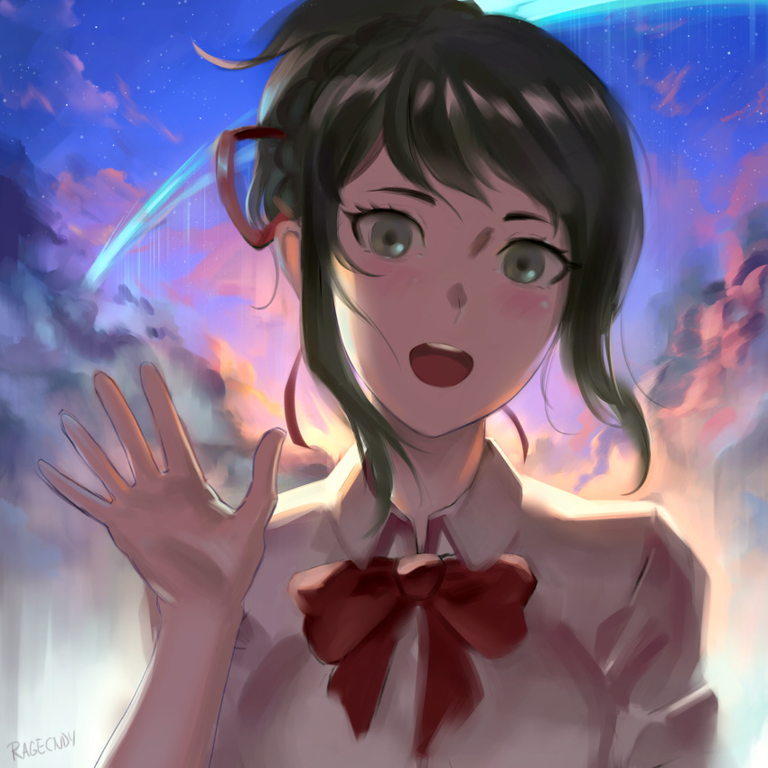 1girl :d absurdres black_hair blush bow bowtie clouds green_eyes hair_ribbon high_ponytail highres kimi_no_na_wa looking_at_viewer miyamizu_mitsuha open_mouth ragecndy red_bow red_ribbon ribbon shirt short_hair_with_long_locks sky smile solo star_(sky) starry_sky upper_body waving white_shirt