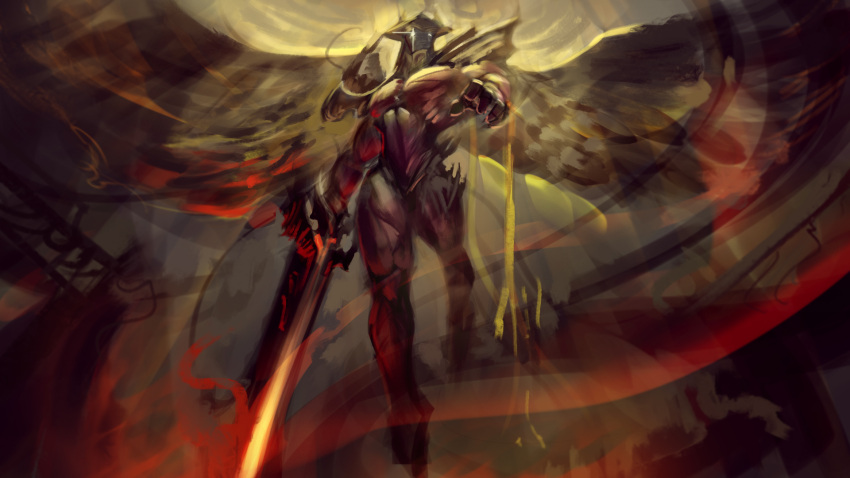 1boy aatrox armor flying glowing glowing_eyes gradient gradient_background highres holding holding_sword holding_weapon league_of_legends male_focus muscular muscular_male solo sword weapon wings wutu_(1183238220)