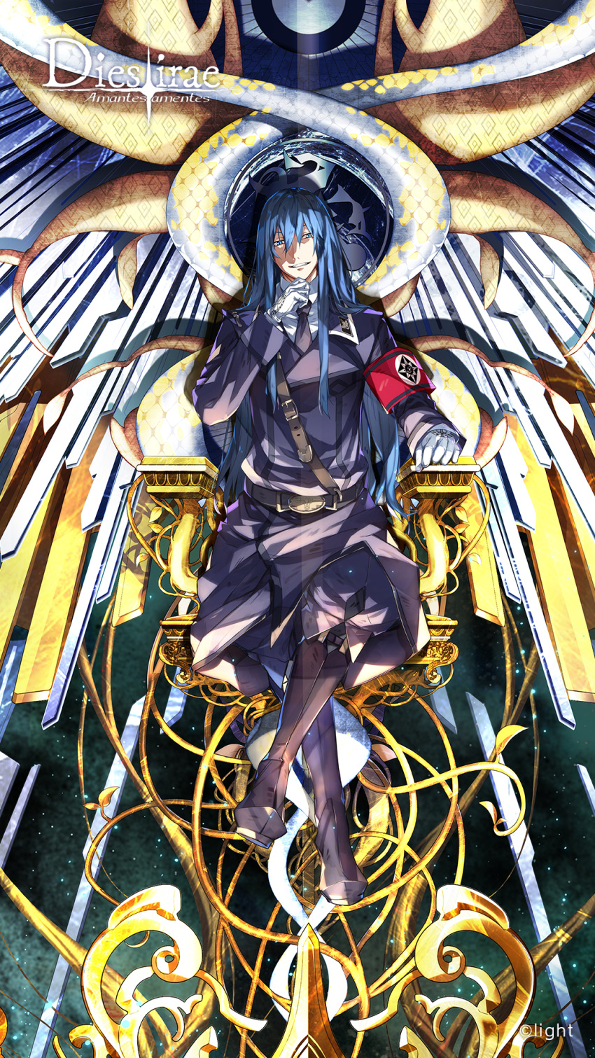 1boy armband artist_request blue_eyes blue_hair boots dies_irae dies_irae_pantheon full_body gloves grin hand_on_own_chin highres legs_crossed long_hair looking_at_viewer mercurius_(dies_irae) military military_uniform official_art sitting smile throne uniform