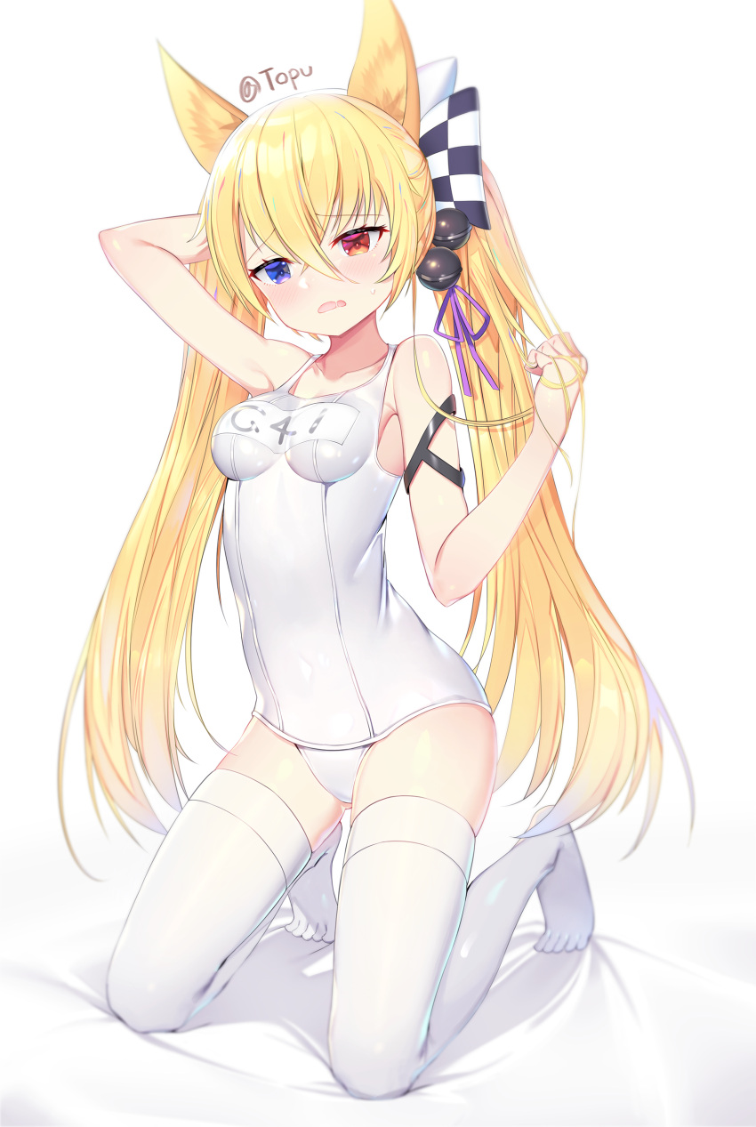 absurdres alternate_costume animal_ears arm_strap arm_up armpits bangs bed_sheet blue_eyes blush breasts character_name checkered_ribbon commentary_request covered_navel eyebrows_visible_through_hair fox_ears frown full_body g41_(girls_frontline) girls_frontline hair_bobbles hair_ornament hair_ribbon hand_behind_head hand_in_hair heterochromia highres kneeling long_hair name_tag open_mouth purple_ribbon red_eyes ribbon school_swimsuit sidelocks skindentation small_breasts sweatdrop swimsuit thigh-highs thighs tttanggvl twintails twitter_username white_background white_legwear white_swimsuit