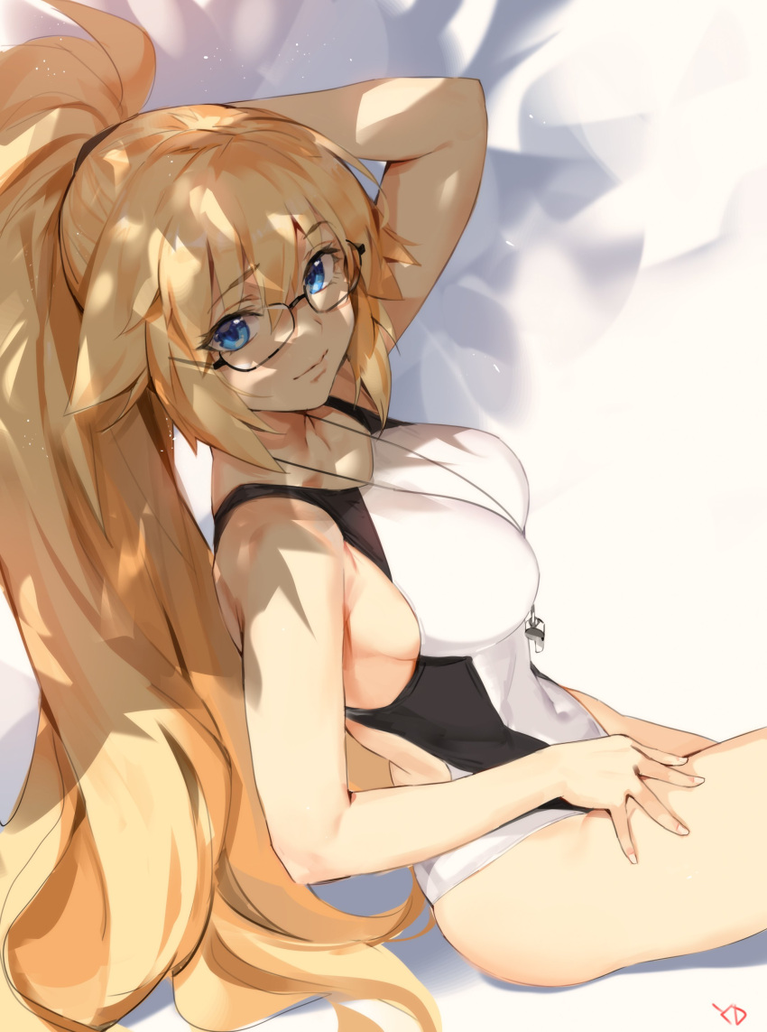 1girl absurdres arm_behind_back arm_up artist_name bangs bare_arms bare_shoulders black-framed_eyewear blonde_hair blue_eyes breasts closed_mouth collarbone competition_swimsuit covered_navel eyebrows_visible_through_hair eyelashes fate/grand_order fate_(series) fingernails from_side glasses hair_between_eyes hair_flaps hair_tie half-closed_eyes hand_on_lap highleg highleg_swimsuit highres jeanne_d'arc_(fate) jeanne_d'arc_(fate)_(all) jeanne_d'arc_(swimsuit_archer) large_breasts long_hair looking_at_viewer one-piece_swimsuit ponytail shiny shiny_hair sidelocks sitting smile solo swimsuit taut_clothes taut_swimsuit very_long_hair whistle whistle_around_neck white_swimsuit yang-do