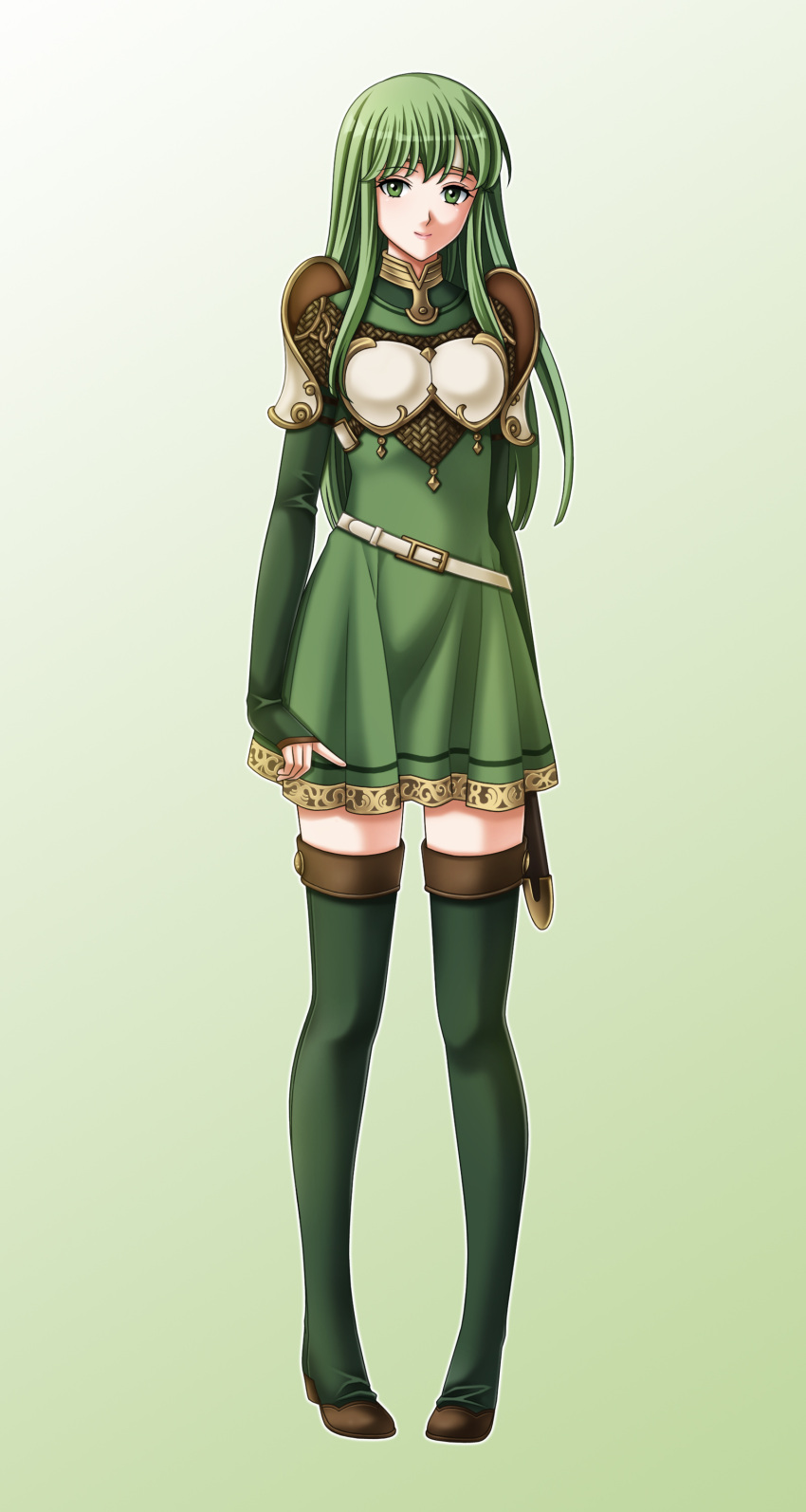 1girl absurdres boots breastplate dress fire_emblem full_body green_eyes green_footwear green_hair grey_background highres index_finger_raised long_hair long_sleeves looking_at_viewer nintendo palla_(fire_emblem) pleated_dress sheath shiny shiny_hair short_dress shoulder_armor simple_background solo spaulders standing tamamon thigh-highs thigh_boots zettai_ryouiki