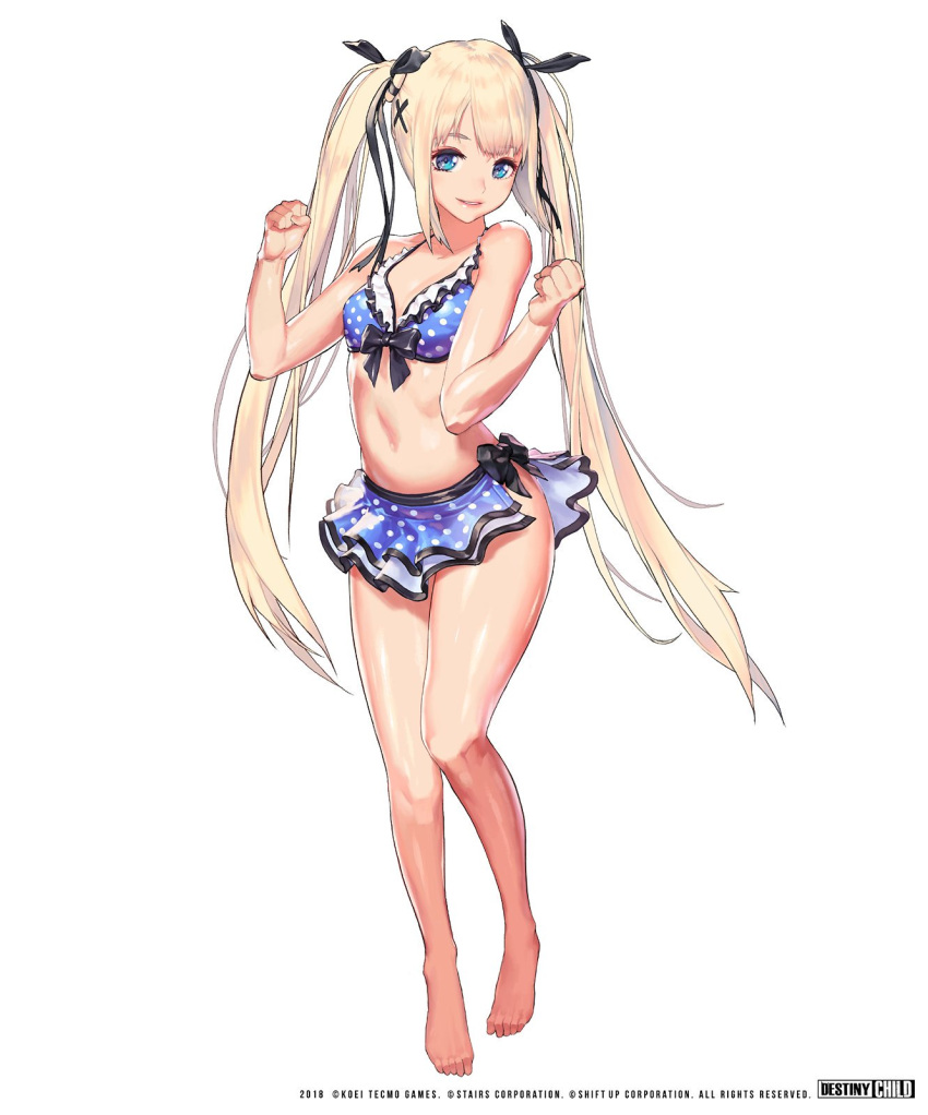 1girl bangs bare_arms bare_shoulders barefoot bikini bikini_skirt blonde_hair blue_eyes bow breasts clenched_hands commentary_request company_connection copyright_name dead_or_alive dead_or_alive_5 destiny_child full_body hair_bow hair_ornament hands_up highres kim_hyung_tae lips logo long_hair looking_at_viewer marie_rose navel official_art parted_lips polka_dot polka_dot_bikini ribbon simple_background small_breasts smile solo standing stomach swimsuit thighs toes twintails white_background x_hair_ornament