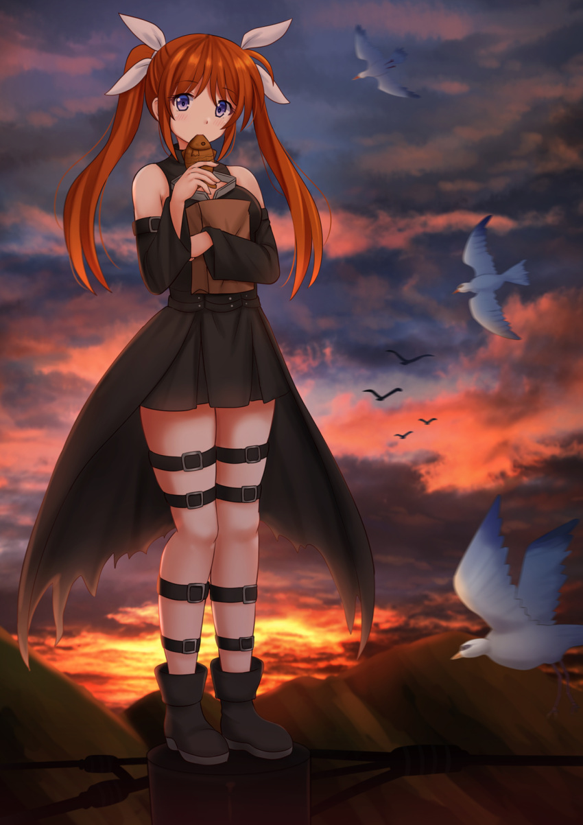 1girl animal bag bangs bare_shoulders bird black_dress black_footwear blush boots closed_mouth clouds cloudy_sky commentary commission cosplay detached_sleeves dress eating english_commentary eyebrows_visible_through_hair food gradient_hair hair_between_eyes hair_ribbon highres holding holding_food kazenokaze konjiki_no_yami konjiki_no_yami_(cosplay) long_hair long_sleeves lyrical_nanoha mahou_shoujo_lyrical_nanoha multicolored_hair object_hug on_top_of_pole orange_hair outdoors paper_bag redhead ribbon shopping_bag sky sleeveless sleeveless_dress solo standing sunset taiyaki takamachi_nanoha telephone_pole thigh_strap to_love-ru twintails violet_eyes wagashi white_ribbon wide_sleeves