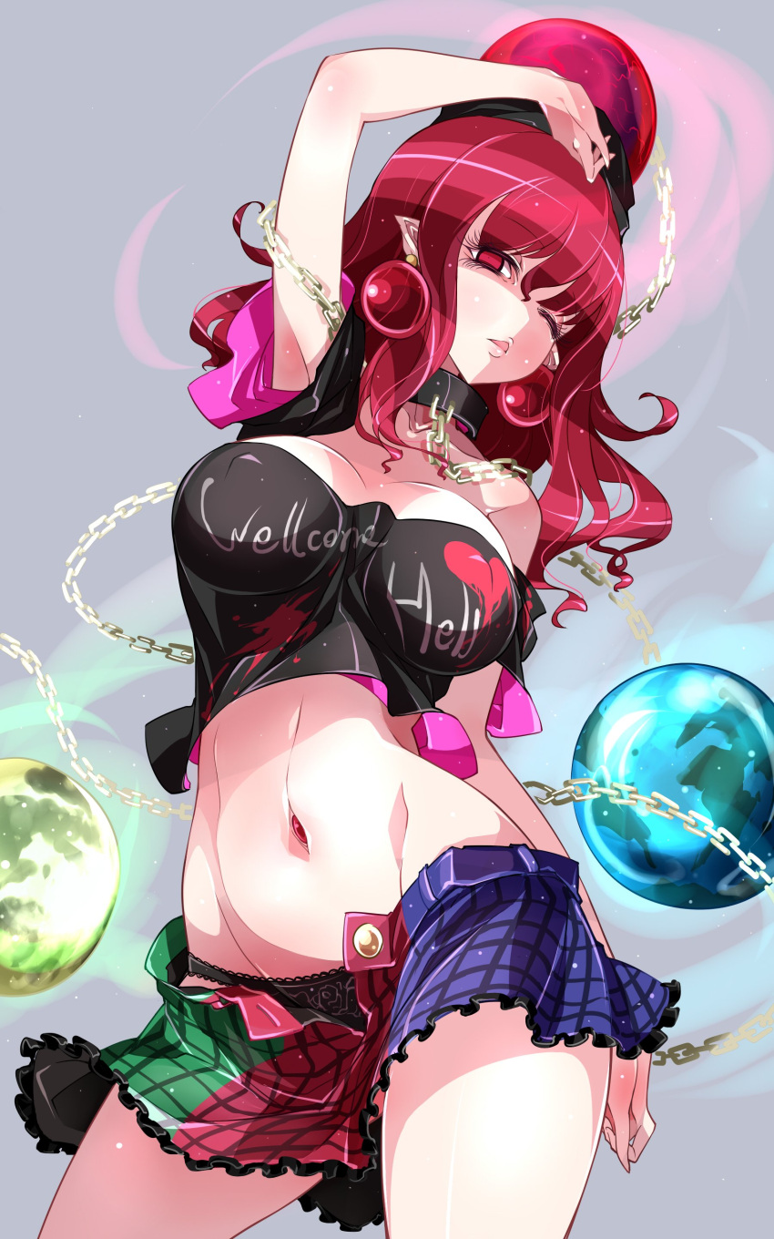 1girl absurdres arm_up armpits bare_shoulders black_panties breasts chains choker cleavage collarbone commentary_request cowboy_shot crop_top earrings erect_nipples eyebrows_visible_through_hair frilled_skirt frills hecatia_lapislazuli highres jewelry large_breasts long_hair looking_at_viewer microskirt midriff multicolored multicolored_clothes multicolored_skirt navel navel_piercing no_nose one_eye_closed open_mouth panties piercing pointy_ears polos_crown raptor7 redhead skirt touhou unbuttoned underwear