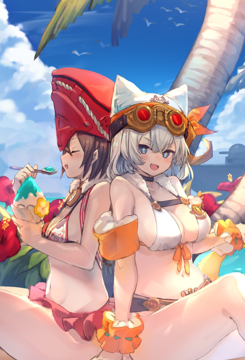 2girls animal_hat bandanna barefoot bikini bird breasts brown_hair cat_hat character_request closed_eyes clouds collarbone copyright_request eating fang flower frilled_bikini frills goggles goggles_on_head hat highres large_breasts multiple_girls navel open_mouth palm_tree seagull shaved_ice short_hair siki_00 sky star star-shaped_pupils swimsuit symbol-shaped_pupils tree white_hair