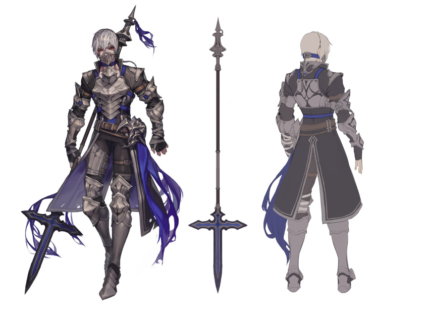 1boy absurdres armor bandage highres holding holding_weapon original qleleldhcks red_eyes scar solo vambraces weapon white_hair