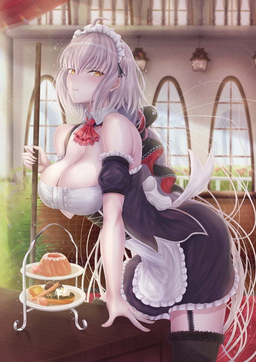 1girl absurdres ahoge arm_support bangs black_legwear blush breasts broom day detached_collar detached_sleeves dress eyebrows_visible_through_hair fate/apocrypha fate/grand_order fate_(series) fur-trimmed_legwear fur_trim garter_straps hair_ribbon highres holding holding_broom indoors jeanne_d'arc_(alter)_(fate) jeanne_d'arc_(fate) jeanne_d'arc_(fate)_(all) large_breasts leaning_forward light_particles long_hair looking_at_viewer low_ponytail maid maid_headdress penguintake puffy_short_sleeves puffy_sleeves ribbon short_sleeves sidelocks silver_hair solo strapless strapless_dress tsurime two-tone_ribbon v-shaped_eyebrows window yellow_eyes