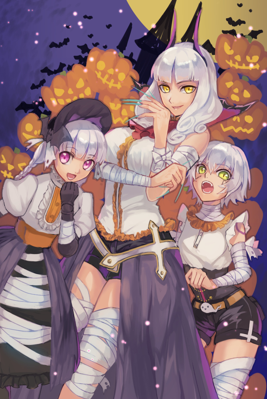 3girls :d :o alternate_costume arm_under_breasts bandage bandaged_arm bandaged_leg bandaged_neck bandages bat_hair_ornament blue_fingernails braid breasts carmilla_(fate/grand_order) commentary_request facial_scar fate/grand_order fate_(series) fingernails hair_ornament halloween hat high_collar highres jack-o'-lantern jack_the_ripper_(fate/apocrypha) juliet_sleeves large_breasts long_sleeves looking_at_viewer medium_hair multiple_girls nail_polish nursery_rhyme_(fate/extra) open_mouth puffy_sleeves sangatsu_(mitsuki358) scar scar_across_eye scar_on_cheek sharp_fingernails shorts silver_hair smile very_long_fingernails violet_eyes waist_cape yellow_eyes