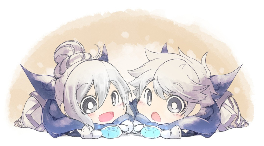 1boy 1girl adorable armor brother_and_sister cute fire_emblem fire_emblem_if gloves grey_eyes grey_hair hair_bun intelligent_systems kanna_(female)_(fire_emblem_if) kanna_(fire_emblem_if) kanna_(male)_(fire_emblem_if) lying nakabayashi_zun nintendo on_stomach open_mouth short_hair siblings stone white_gloves