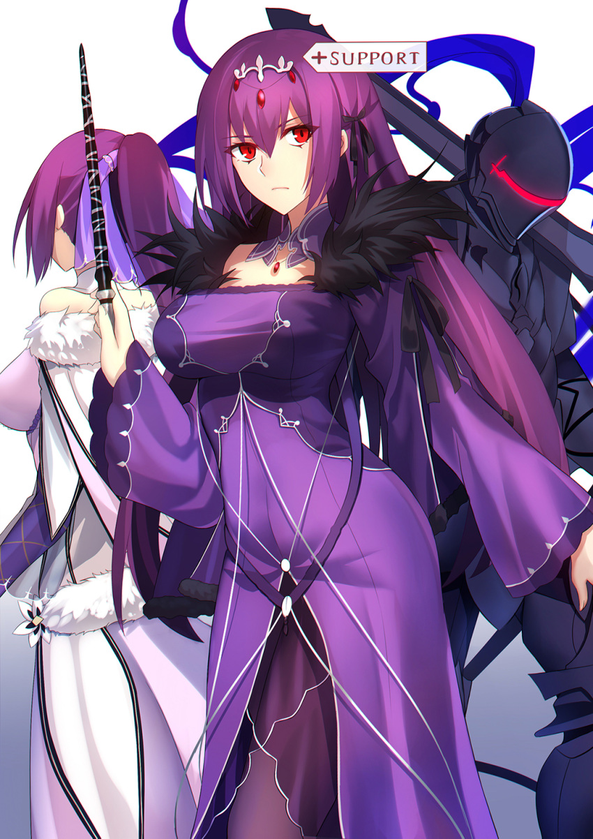 1boy 2girls armor arondight bangs bare_shoulders berserker_(fate/zero) breasts cleavage closed_mouth detached_collar dress dual_persona fate/grand_order fate/zero fate_(series) full_armor fur-trimmed_dress hair_between_eyes hair_ribbon highres large_breasts long_hair looking_at_viewer multiple_girls purple_dress purple_hair purple_ribbon red_eyes ribbon scathach_(fate)_(all) scathach_skadi_(fate/grand_order) shiguru simple_background sword tiara wand weapon white_background wide_sleeves