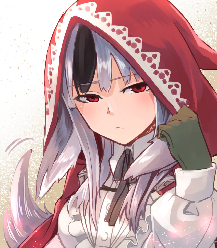 1girl animal_ears black_hair closed_mouth fire_emblem fire_emblem_if gloves grey_hair highres hood hood_up long_sleeves multicolored_hair nakabayashi_zun nintendo red_eyes simple_background solo two-tone_hair velour_(fire_emblem_if) white_background wolf_ears