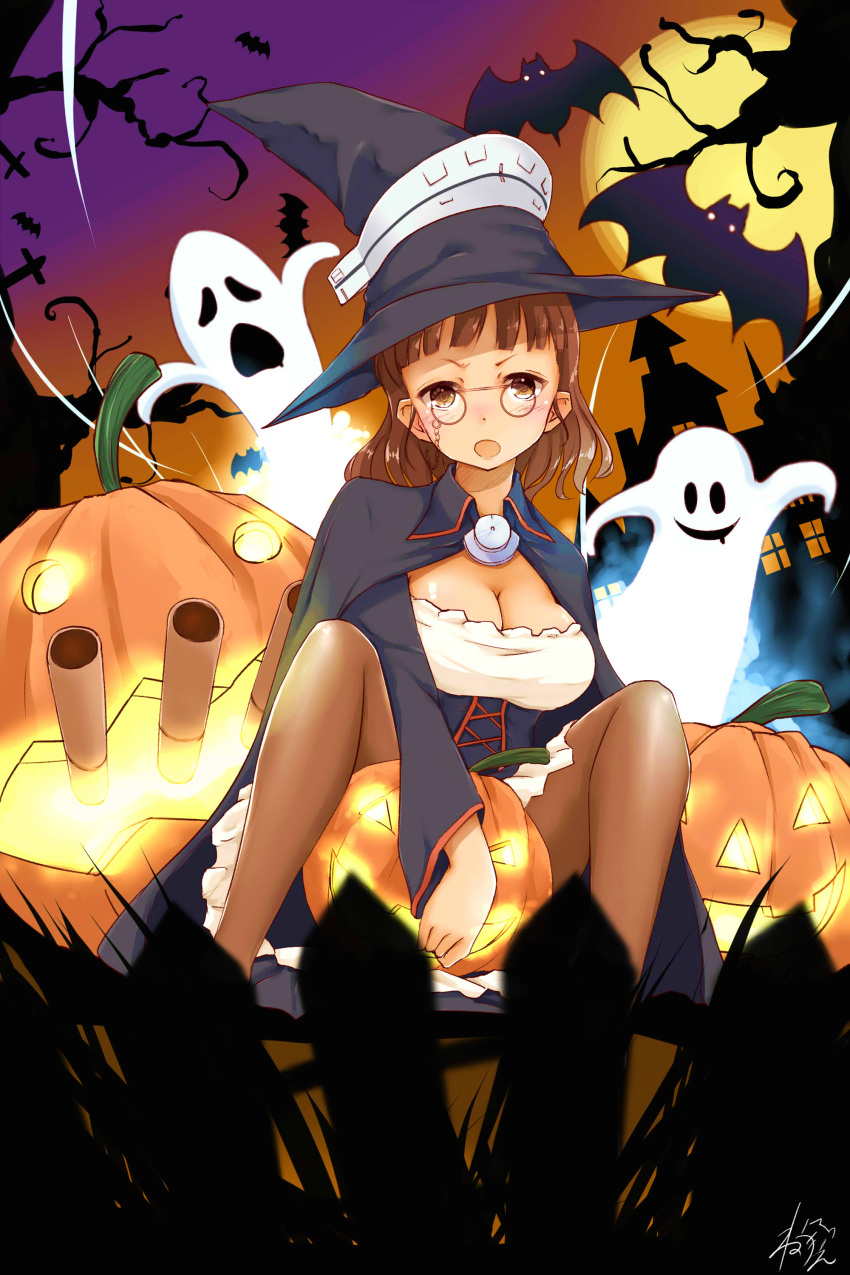 1girl absurdres bat blush breasts brown_eyes brown_legwear full_moon ghost glasses halloween halloween_costume happy_halloween hat highres kantai_collection large_breasts long_sleeves looking_at_viewer moon neve night open_mouth pantyhose pumpkin roma_(kantai_collection) shirt short_hair sitting solo tree turret weapon witch witch_hat