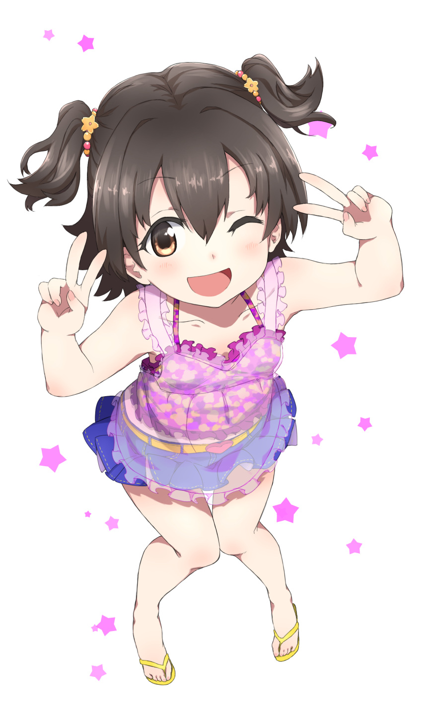 1girl absurdres akagi_miria arms_up bangs bare_shoulders blush brown_hair double_v eyebrows_visible_through_hair hair_ornament highres idolmaster idolmaster_cinderella_girls igo_miku looking_at_viewer multiple_girls one_eye_closed open_mouth purple_shirt sandals shirt short_hair skirt smile solo standing star tank_top two_side_up v white_background