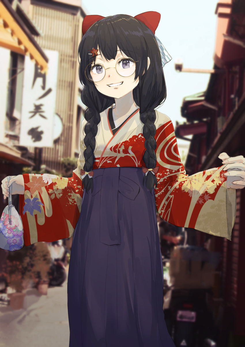1girl absurdres bangs black_hair blue_sky blush bow braid building day eyebrows_visible_through_hair fingernails floral_print flower glasses hair_bow hair_flower hair_ornament hairclip high-waist_skirt highres holding kumamoto_nomii-kun long_hair long_sleeves low_twintails nijisanji outdoors parted_lips purple_skirt red_bow red_flower road round_eyewear sign skirt sky sleeves_past_wrists solo standing street tsukino_mito twin_braids twintails wide_sleeves yagasuri