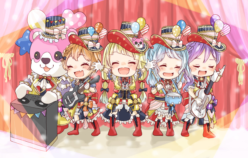 +_+ 5girls :3 :d \o/ ^_^ alternate_hairstyle animal_costume arms_up balloon bang_dream! bangs bass_guitar bear_costume blonde_hair blue_bow blue_hair blush boots bow braid chibi closed_eyes commentary_request corset cross-laced_footwear dj drum drumsticks electric_guitar fang frilled_hat frilled_sleeves frills gloves guitar hair_bow hand_up hat hat_bow hat_ornament hat_ribbon hello_happy_world! highres instrument kitazawa_hagumi long_hair mascot_costume matsubara_kanon michelle_(bang_dream!) mixing_console multicolored multicolored_clothes multiple_girls nagon_(nagonago_na) open_mouth orange_bow orange_hair outstretched_arms pennant phonograph pink_bow purple_bow purple_hair red_bow red_footwear ribbon seta_kaoru short_hair showgirl_skirt side_braid smile stage_curtains standing string_of_flags striped striped_bow striped_ribbon top_hat tsurumaki_kokoro turntable twintails u_u white_bloomers white_gloves yellow_bow