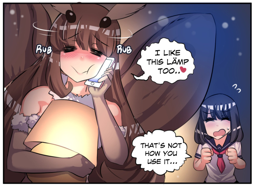 2girls antennae bangs black_hair blue_sailor_collar blush brown_gloves brown_hair brown_wings bug cellphone clenched_hands closed_eyes comic elbow_gloves english fur_trim gloves glowing hands_up heart highres hinghoi holding holding_lamp holding_phone insect insect_girl lamp long_hair medium_hair monster_girl moth moth_girl multiple_girls neckerchief night object_hug open_mouth original phone red_neckwear sailor_collar screen_light shirt short_sleeves smartphone speech_bubble sweatdrop upper_body white_shirt wings