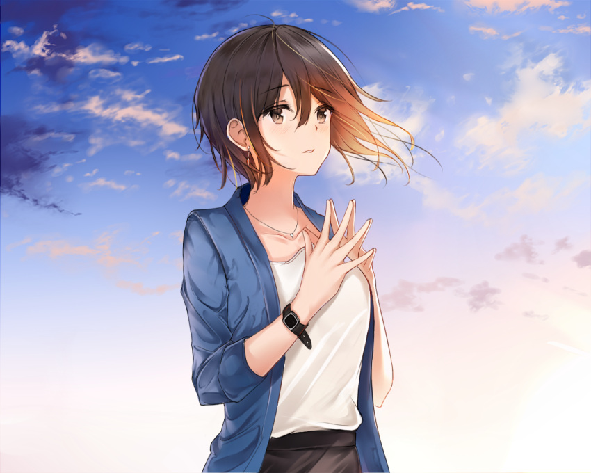 1girl bad_hand blue_jacket blue_sky blush breasts brown_eyes brown_hair clouds collarbone day earrings fingers_together jacket jewelry necklace original outdoors shirt short_hair sky small_breasts tamatabe watch watch white_shirt