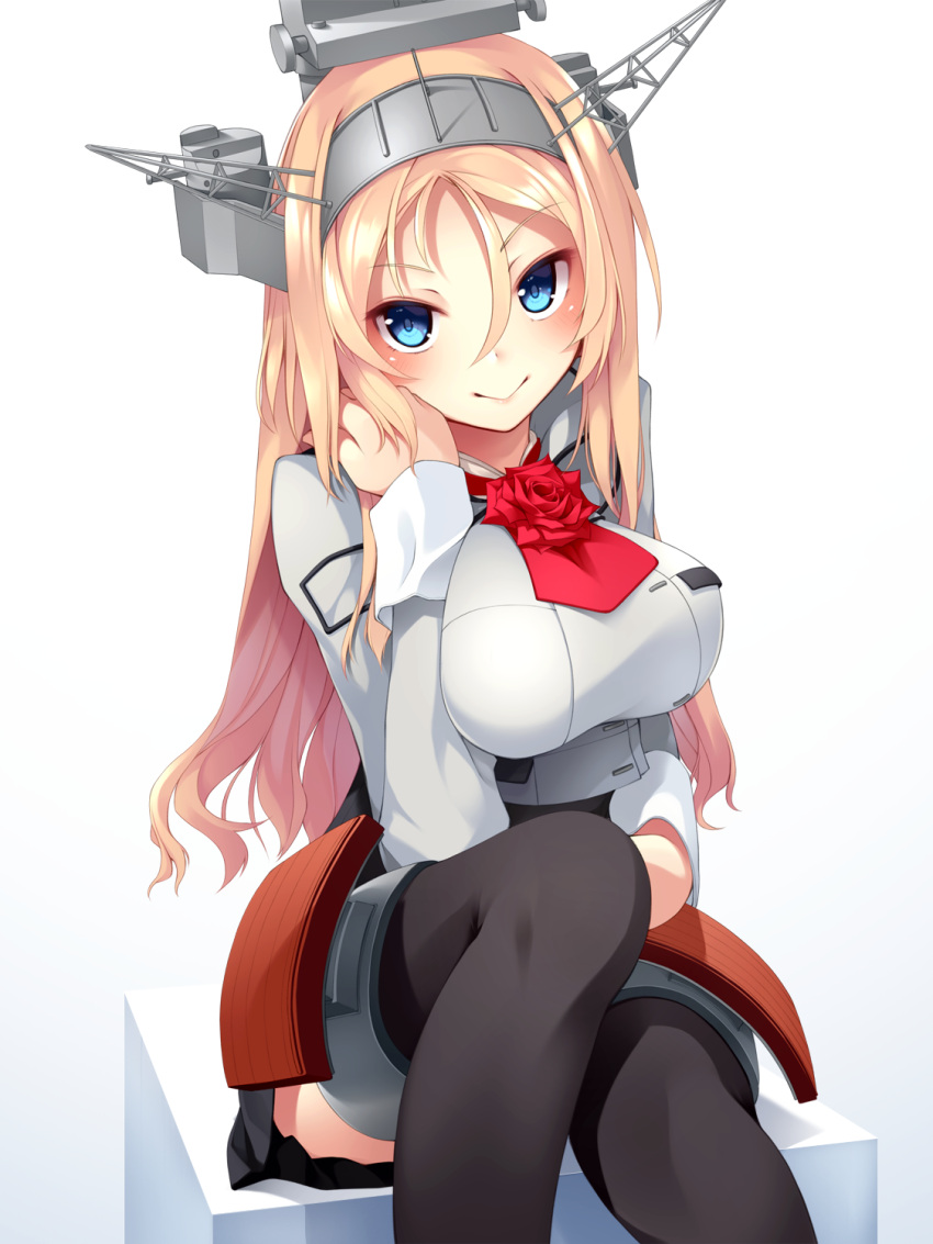 1girl bangs black_legwear black_skirt blonde_hair blue_eyes blush breasts flower grey_jacket hair_between_eyes hand_up headgear highres jacket kantai_collection large_breasts long_hair long_sleeves military military_uniform mofu_namako nelson_(kantai_collection) red_flower red_rose rose sidelocks sitting skirt smile solo thigh-highs uniform