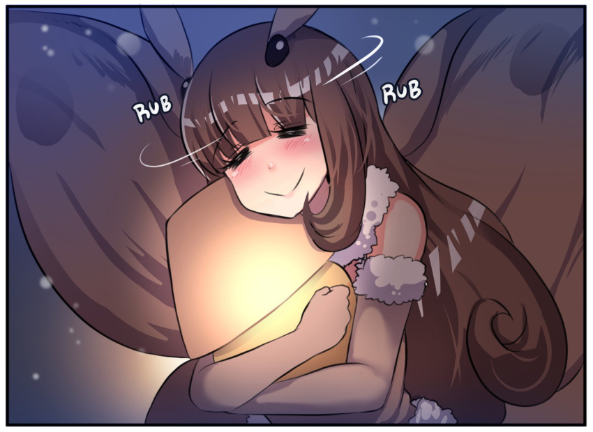 1girl antennae bangs blunt_bangs blush brown_hair brown_wings bug closed_eyes comic elbow_gloves english eyebrows_visible_through_hair fur_trim gloves glowing gradient gradient_background highres hinghoi holding holding_lamp insect insect_girl lamp long_hair monster_girl moth moth_girl night object_hug original smile solo upper_body wings