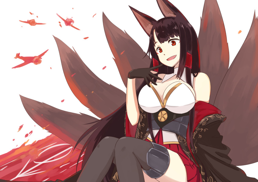 1girl :d aircraft airplane akagi_(azur_lane) animal_ears azur_lane bare_shoulders black_hair breasts cleavage fox_ears fox_girl fox_tail large_breasts long_hair looking_at_viewer multiple_tails open_mouth pokasu red_eyes simple_background sitting smile solo tail thigh-highs white_background wide_sleeves