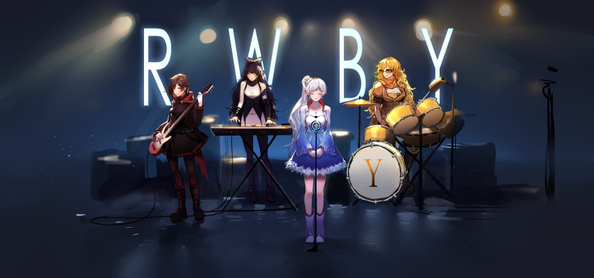 4girls absurdres ahivemind amplifier blake_belladonna blonde_hair boots bow breasts brown_hair cape cleavage closed_eyes drum drum_set gothic_lolita grey_eyes hair_bow highres hood instrument keyboard_(instrument) lolita_fashion long_hair long_ponytail medium_breasts microphone_stand multicolored_hair multiple_girls ponytail redhead ruby_(vocaloid) ruby_rose rwby scarf short_hair smile sunglasses weiss_schnee yang_xiao_long yellow_eyes