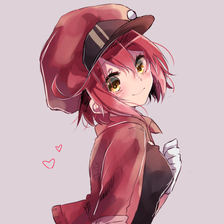 1girl ae-3803 bangs black_shirt blush breasts brown_background brown_eyes cabbie_hat closed_mouth cropped_jacket eyebrows_visible_through_hair from_side gloves gradient gradient_background grey_background hair_between_eyes hand_up hat hataraku_saibou head_tilt heart highres jacket looking_at_viewer looking_to_the_side naoton red_blood_cell_(hataraku_saibou) red_hat red_jacket redhead shirt short_sleeves small_breasts smile solo upper_body wavy_mouth white_gloves