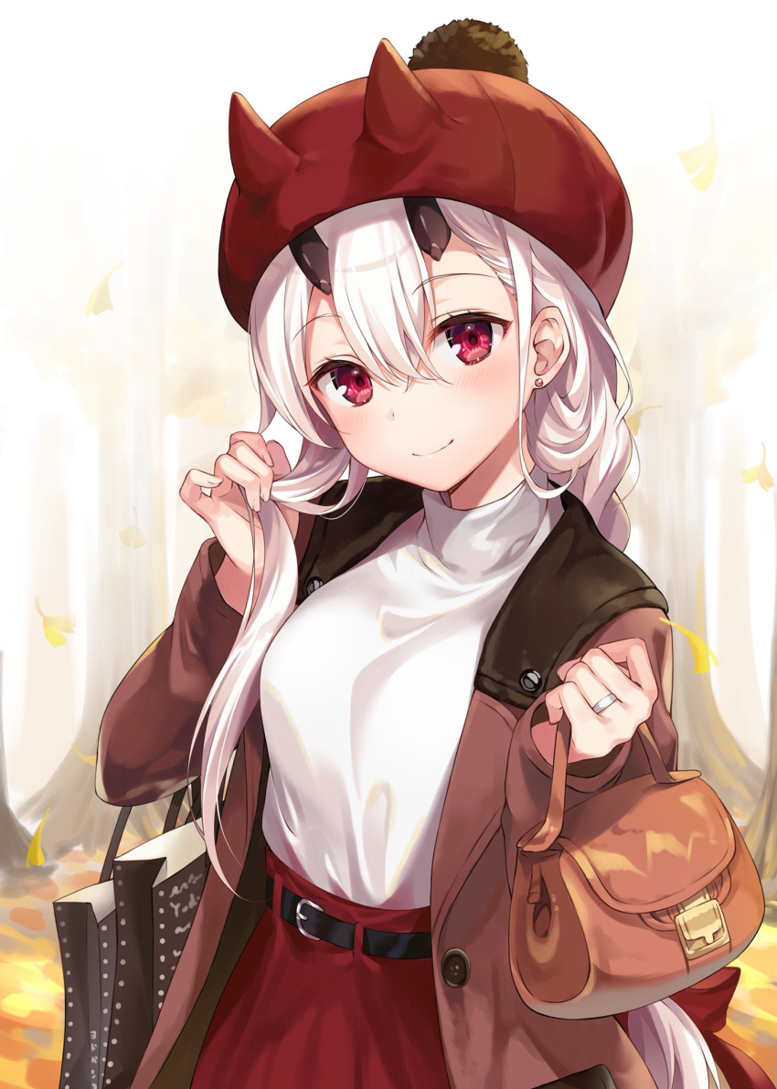 1girl ale_nqki autumn_leaves bag belt blush breasts casual contemporary earrings eyebrows_visible_through_hair fate/grand_order fate_(series) hair_between_eyes hair_over_shoulder hair_tucking handbag hat head_tilt high-waist_skirt highres horns jewelry long_hair looking_at_viewer medium_breasts outdoors red_eyes ring skirt smile solo stud_earrings tomoe_gozen_(fate/grand_order) turtleneck very_long_hair white_hair