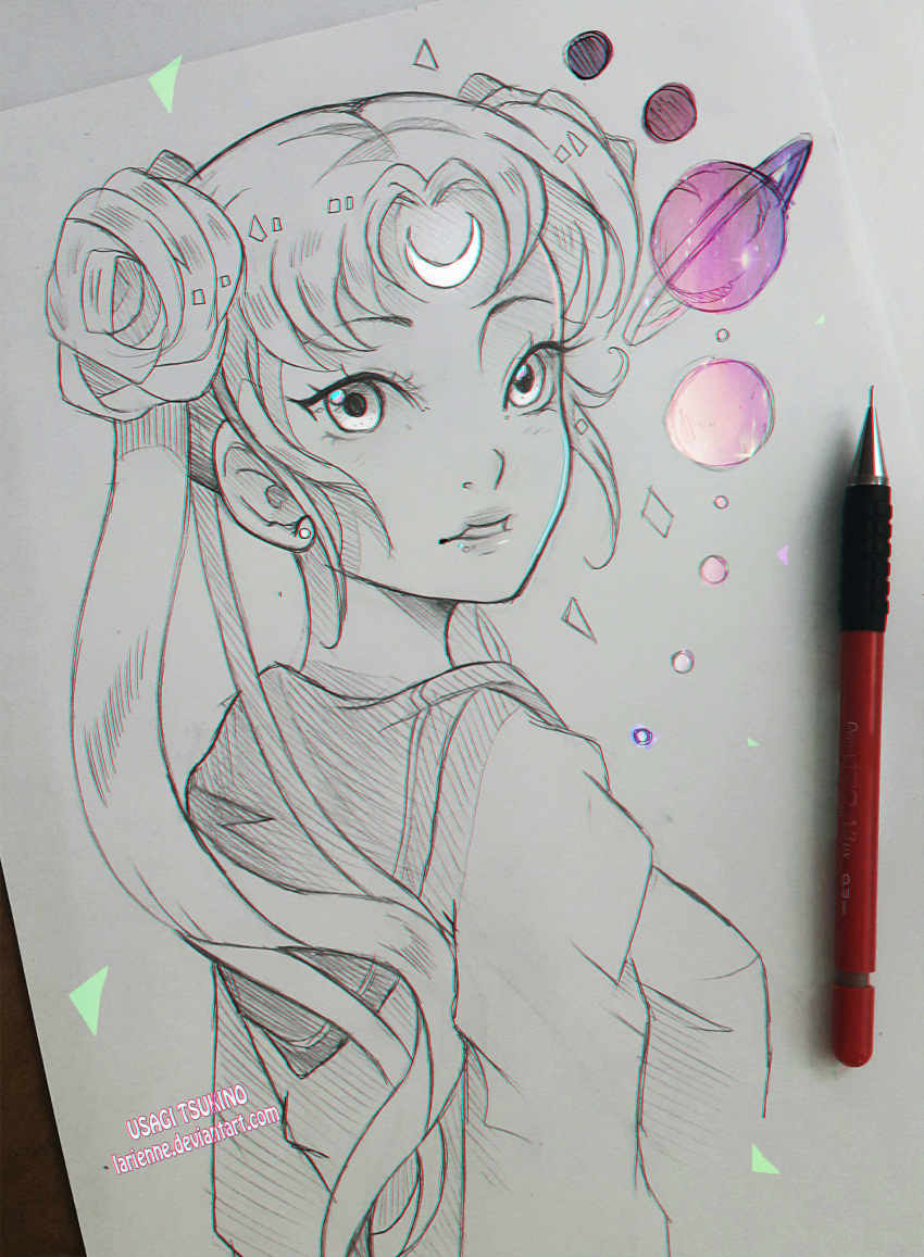 1girl artist_name bangs bishoujo_senshi_sailor_moon breasts chromatic_aberration commentary crescent_moon double_bun english_commentary facial_mark forehead_mark greyscale highres larienne long_hair long_sleeves looking_at_viewer medium_breasts monochrome moon paper_(medium) parted_bangs parted_lips pen pen_(medium) sailor_collar sailor_moon saturn watermark web_address