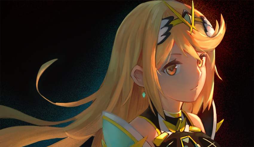 1girl armor bangs blonde_hair breasts cleavage cleavage_cutout dress earrings gem gloves headpiece mythra_(xenoblade) jewelry kiiro_kimi large_breasts looking_at_viewer nintendo solo swept_bangs tiara xenoblade_(series) xenoblade_2 yellow_eyes