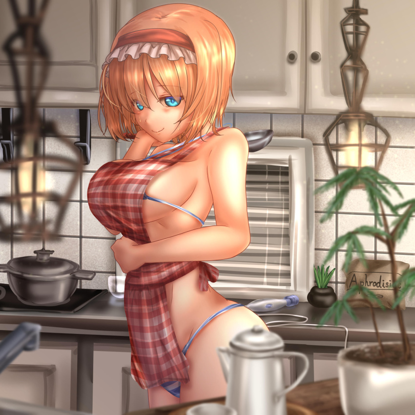 1girl alice_margatroid aphrodisiac apron bangs bikini blonde_hair blue_bikini blue_eyes blurry blurry_foreground breasts closed_mouth commentary cowboy_shot depth_of_field english eyebrows_visible_through_hair flower_pot frilled_hairband frills hairband hand_in_hair hand_on_own_stomach highres hitachi_magic_wand indoors kitchen lamp large_breasts looking_at_viewer micro_bikini nearly_naked_apron plaid plaid_apron plant pot red_apron red_hairband short_hair shounen_(hogehoge) smile solo standing string_bikini striped striped_bikini sweat swimsuit teapot touhou