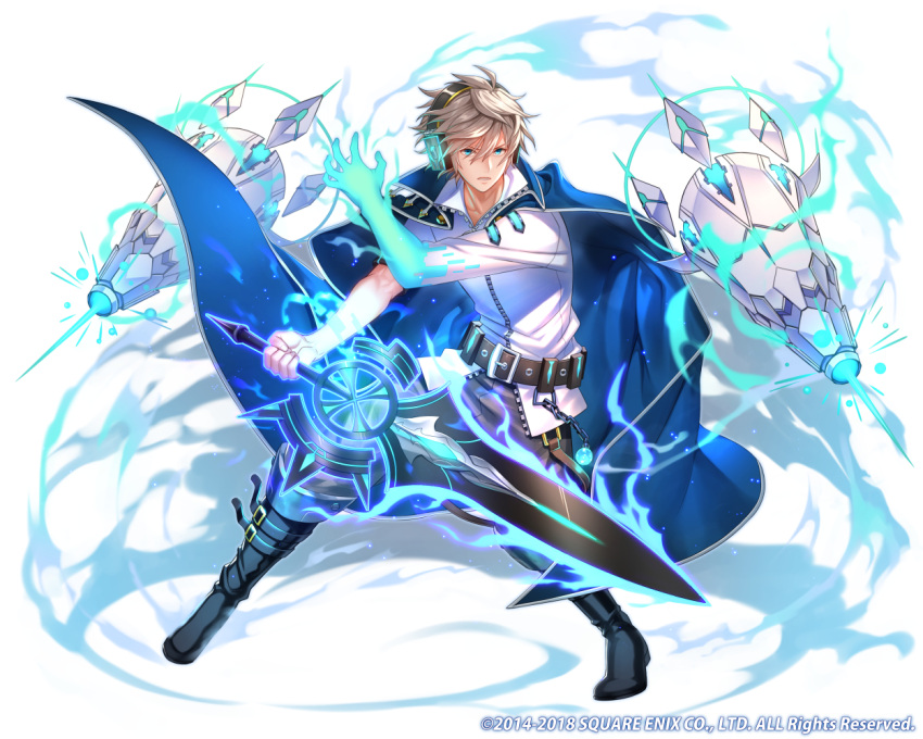 1boy belt black_footwear black_pants blue_cape blue_eyes boots brown_hair cape chains company_name fighting_stance fuji_minako full_body glowing glowing_hand glowing_weapon hair_between_eyes headset holding holding_sword holding_weapon kai-ri-sei_million_arthur knee_boots laser looking_at_viewer male_focus million_arthur_(series) official_art pants shirt solo standing sword weapon white_shirt