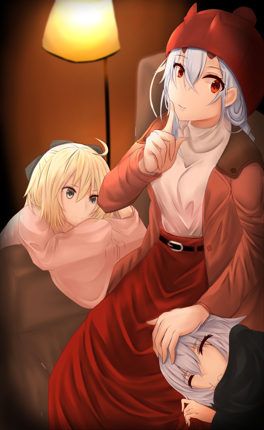 3girls absurdres black_bow blonde_hair bow brown_coat closed_eyes coat commentary_request eto_mitsuba fate/grand_order fate_(series) finger_to_mouth grey_eyes hair_between_eyes hair_bow highres jack_the_ripper_(fate/apocrypha) japanese_clothes kimono lap_pillow long_hair long_skirt looking_at_viewer multiple_girls okita_souji_(fate) okita_souji_(fate)_(all) oni_horns open_clothes open_coat pink_kimono red_eyes red_skirt redhead short_hair silver_hair sitting skirt sleeping smile sweater tomoe_gozen_(fate/grand_order) turtleneck turtleneck_sweater white_sweater