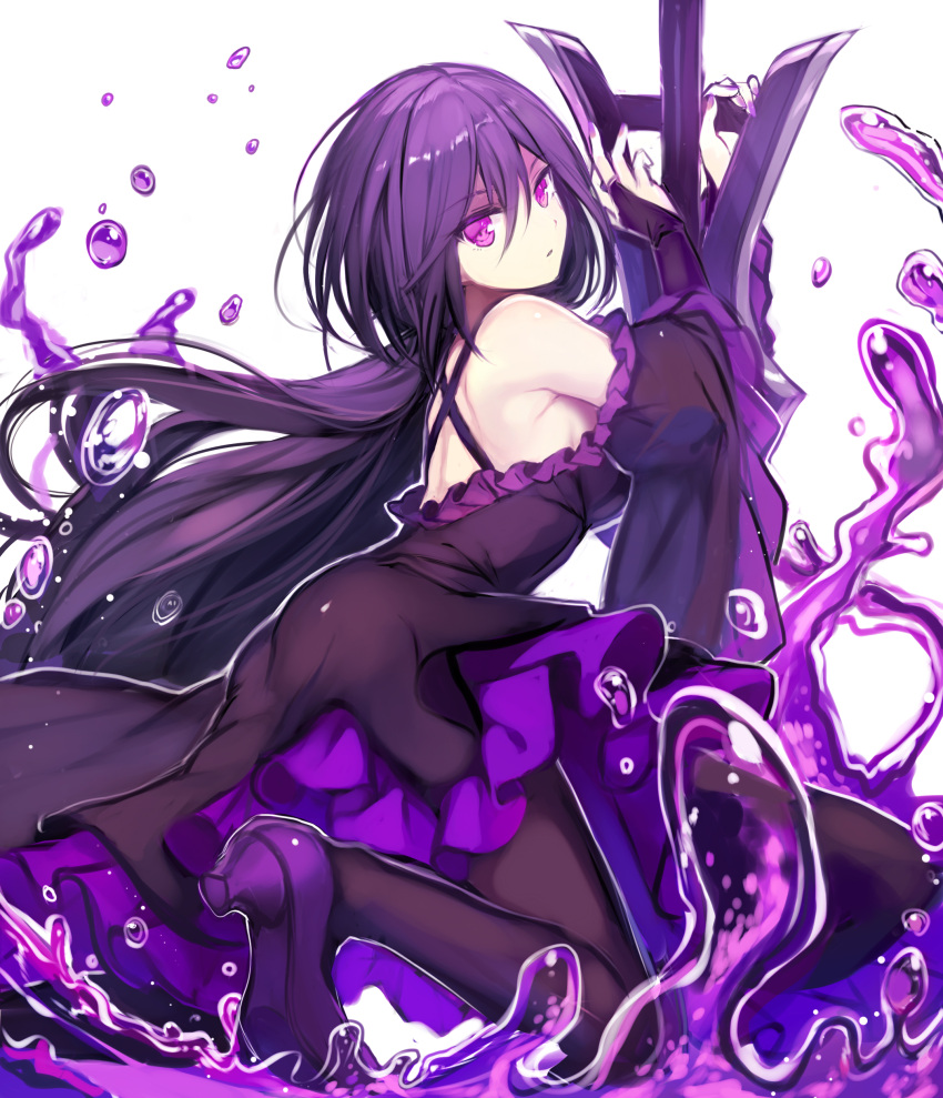 1girl absurdres bare_shoulders black_dress black_legwear borrowed_character detached_sleeves dress fuupu high_heels highres kneeling long_hair looking_at_viewer pantyhose planted_weapon purple_footwear purple_hair purple_skirt skirt solo violet_eyes weapon white_background