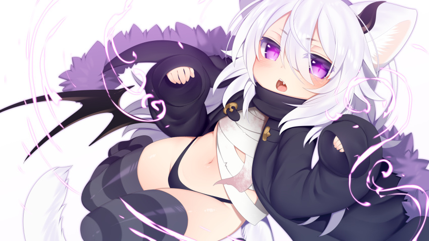 1girl animal_ear_fluff animal_ears bandage bangs black_coat black_panties black_wings blush cat_ears cat_girl cat_tail chestnut_mouth coat commentary_request demon_horns demon_wings eyebrows_visible_through_hair fang fur-trimmed_coat fur_trim hair_between_eyes hands_up highleg highleg_panties highres horns long_hair long_sleeves looking_at_viewer low_wings mofuaki navel no_shoes open_mouth original panties puffy_long_sleeves puffy_sleeves sidelocks sleeves_past_fingers sleeves_past_wrists solo striped striped_legwear tail thigh-highs underwear very_long_hair violet_eyes white_background white_hair wings