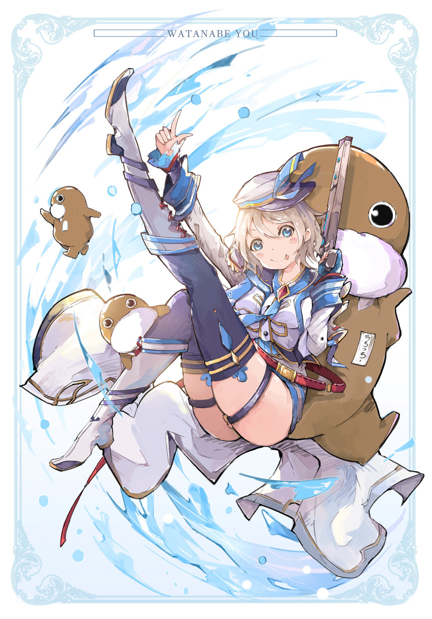 1girl 3others :p belt blue_eyes blue_gloves blue_neckwear blue_ribbon blush boots brooch character_name fingerless_gloves gloves granblue_fantasy grey_hair gun hat hat_ribbon highres holding holding_gun holding_weapon jacket jewelry knee_boots knee_up leg_up long_sleeves looking_at_viewer love_live! love_live!_sunshine!! mascot_costume multiple_others name_tag necktie qianqian ribbon short_hair single_fingerless_glove sitting thigh-highs thigh_strap tongue tongue_out uchicchii walrus_costume watanabe_you weapon