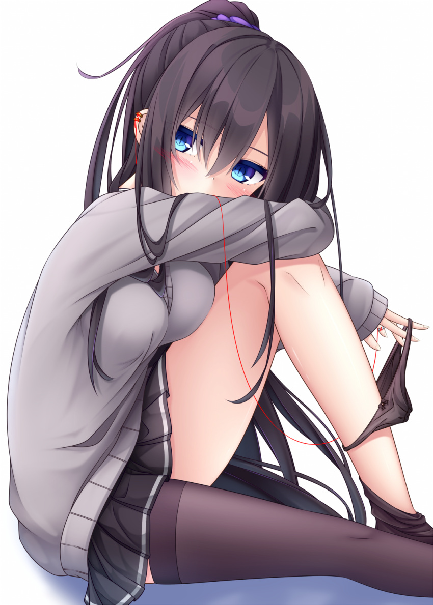 1girl asymmetrical_legwear bangs black_hair black_panties black_skirt blue_eyes blush bow bow_panties breasts brown_legwear commentary_request ear_piercing eyebrows_visible_through_hair grey_sweater hair_between_eyes head_tilt high_ponytail highres jewelry knee_up long_hair looking_at_viewer looking_to_the_side medium_breasts original panties panties_around_leg piercing pleated_skirt ponytail red_string ring skirt solo string sweater thigh-highs thighhighs_pull underwear very_long_hair yoye_(pastel_white)