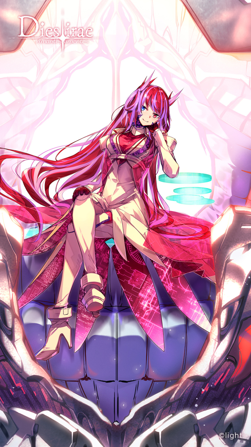 1girl arm_rest artist_request blue_eyes dies_irae dies_irae_pantheon full_body hand_on_own_cheek head_tilt heterochromia high_heels highres legs_crossed long_hair looking_at_viewer multicolored_hair official_art pink_hair red_eyes redhead see-through sitting smile throne very_long_hair