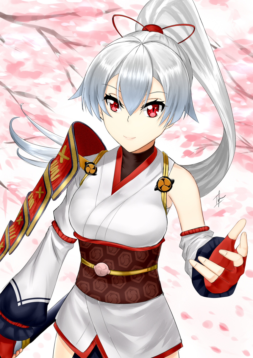 1girl armor asymmetrical_sleeves blue_hakama cherry_blossoms commentary cowboy_shot english_commentary eyelashes fate/grand_order fate_(series) fingerless_gloves gloves hair_between_eyes hair_ribbon hakama highres hip_vent holding holding_weapon izham-zk9 japanese_armor japanese_clothes kimono long_hair looking_at_viewer mitsudomoe_(shape) outstretched_hand petals red_eyes red_gloves red_ribbon ribbon short_kimono shoulder_armor silver_hair single_detached_sleeve smile sode solo tomoe_(symbol) tomoe_gozen_(fate/grand_order) tree weapon white_kimono