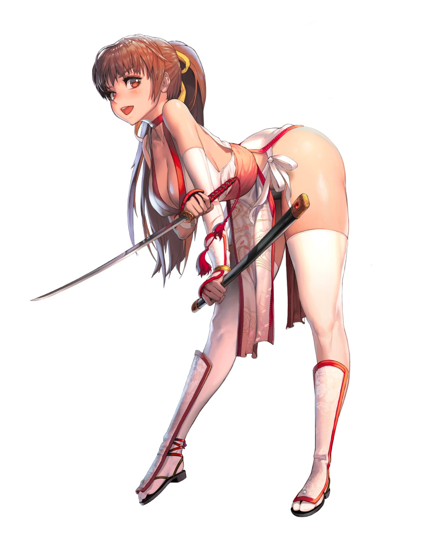 1girl bangs bare_shoulders blush breasts bridal_gauntlets brown_eyes brown_hair choker cleavage collarbone dead_or_alive destiny_child elbow_gloves eyebrows_visible_through_hair full_body gloves hair_ribbon highres holding holding_sword holding_weapon japanese_clothes kasumi_(doa) kim_hyung_tae leaning_forward looking_at_viewer medium_breasts ninja official_art open_mouth panties pelvic_curtain ponytail reverse_grip ribbon sandals sash sheath shiny shiny_hair shiny_skin side_slit simple_background sleeveless smile solo sword thigh-highs thighs underwear weapon white_background white_legwear white_panties