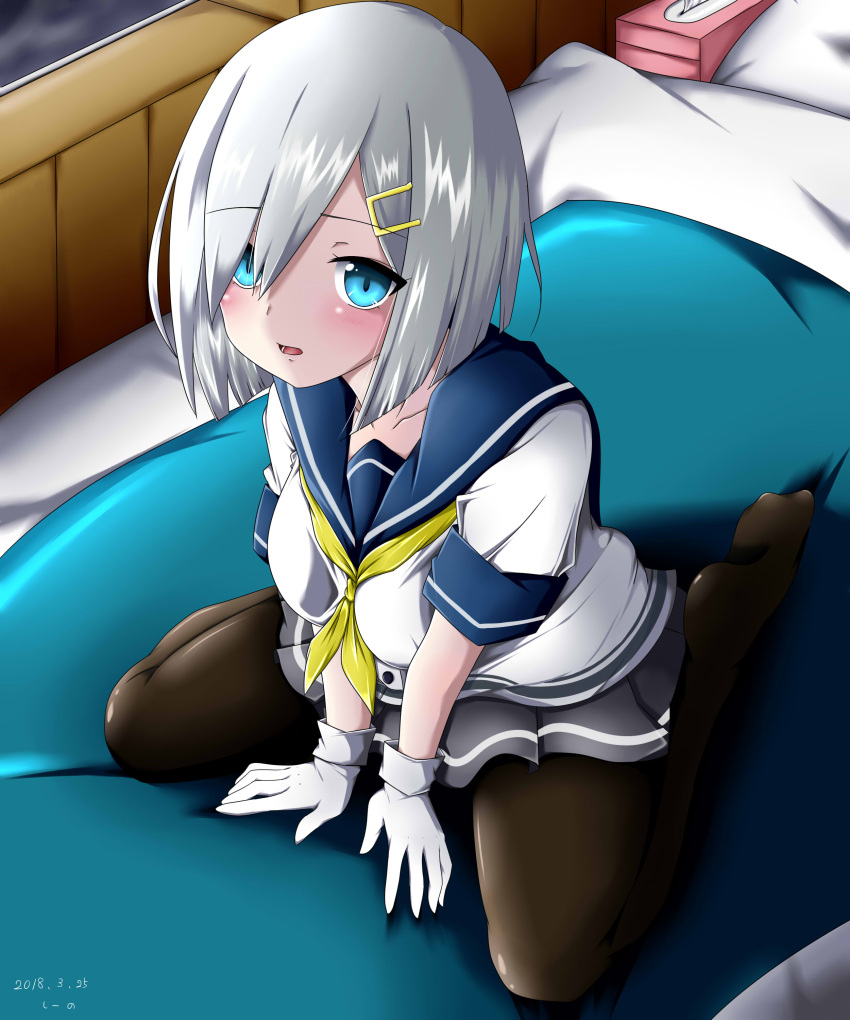 1girl absurdres bed bed_sheet black_legwear blue_eyes blush breasts eyebrows_visible_through_hair eyes_visible_through_hair full_body gloves hair_ornament hair_over_one_eye hairclip hamakaze_(kantai_collection) highres indoors kantai_collection looking_at_viewer medium_breasts neckerchief no_shoes on_bed open_mouth pantyhose pillow pleated_skirt school_uniform serafuku shinobusn short_hair short_sleeves silver_hair sitting skirt solo tissue_box wariza white_gloves yellow_neckwear