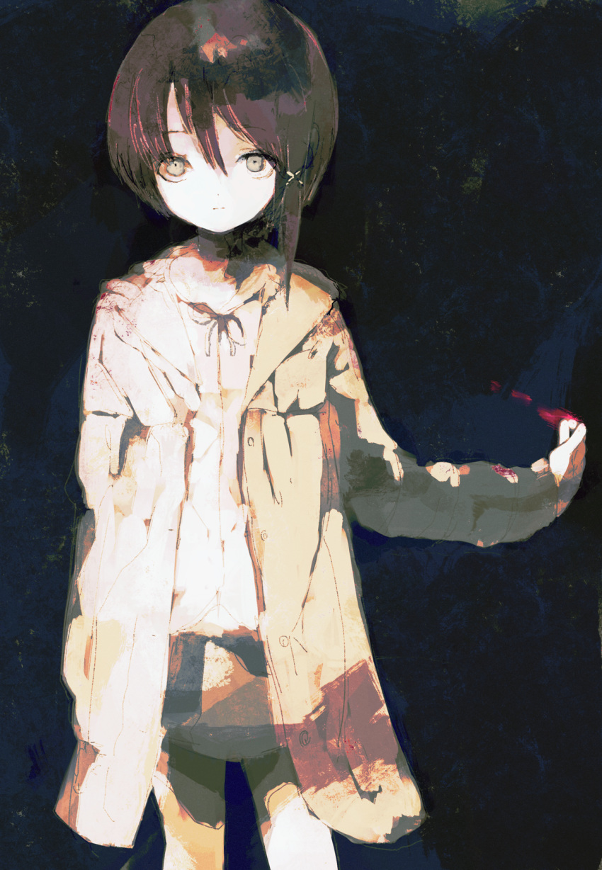 1girl anabone asymmetrical_hair brown_eyes brown_hair coat expressionless hand_in_pocket highres hood hooded_jacket iwakura_lain jacket looking_at_viewer serial_experiments_lain short_hair solo