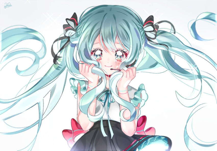 1girl aqua_eyes aqua_hair bangs black_bow black_skirt blush bow floating_hair frills hair_between_eyes hair_bow hair_ribbon hatsune_miku headset holding holding_hair long_hair looking_at_viewer microphone ribbon simple_background skirt sleeveless smile solo tears twintails upper_body very_long_hair vocaloid white_background yalmyu