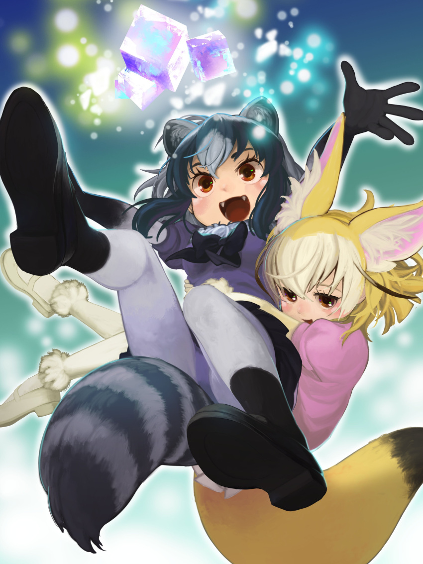 2girls absurdres animal_ear_fluff animal_ears arms_up bangs black_footwear black_gloves black_hair black_neckwear black_skirt blonde_hair blouse blue_blouse blush bow bowtie brown_eyes common_raccoon_(kemono_friends) cube elbow_gloves eyebrows eyelashes fangs fennec_(kemono_friends) fox_ears fox_tail fur_trim gloves highres hug kemono_friends mary_janes medium_hair midair multicolored_hair multiple_girls okojo_ojoko open_mouth outline pink_sweater pleated_skirt puffy_sleeves raccoon_ears raccoon_tail red_eyes shoes skirt sweater tail two-tone_hair white_footwear white_hair white_legwear